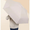 A person is holding a white compact travel umbrella with a protective capsule case.