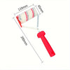 A paint edger roller with a red handle and a white and red striped roller cover, shown at an angle.