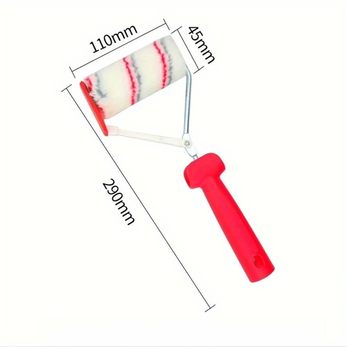 A paint edger roller with a red handle and a white and red striped roller cover, shown at an angle.