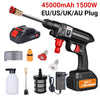 A black high-pressure car wash gun and foam generator with an EU/US/UK/AU plug, battery, and accessories.
