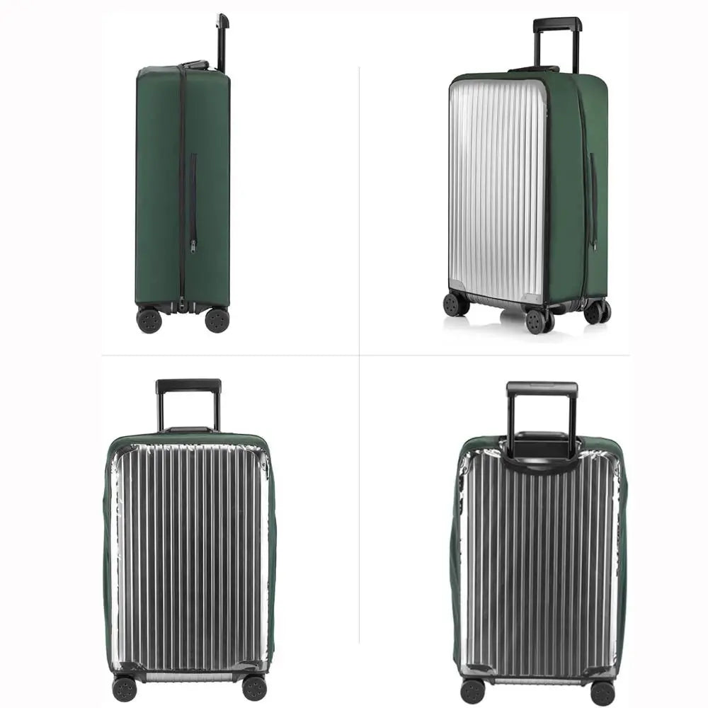 A set of dark green and silver waterproof suitcase covers with easy access zippers.