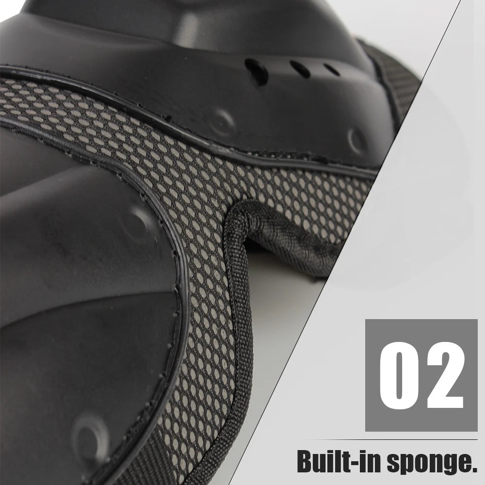 Close-up view of a black impact-resistant motorcycle knee and elbow protective pad with a mesh fabric detail.