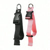 A black and pink durable polyester luggage strap with an ID tag attached.