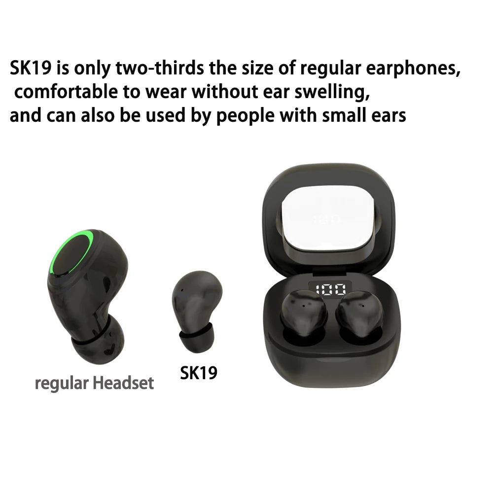 A comparison showing a regular headset and an SK19 earbud, highlighting the smaller size of the SK19.