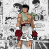 A black and white manga panel featuring the character Ippo from Hajime no Ippo Boxing.