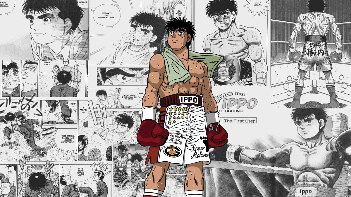 A black and white manga panel featuring the character Ippo from Hajime no Ippo Boxing.