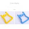Yellow and blue ergonomic handle for a water bucket or bottle carrier.