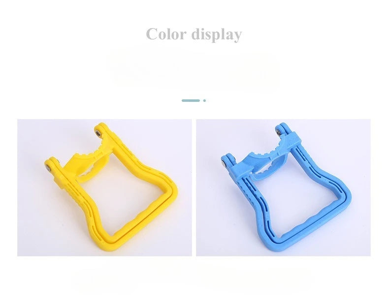 Yellow and blue ergonomic handle for a water bucket or bottle carrier.