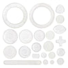 A collection of 22 clear plastic spirograph drawing pieces and tools for a creative art kit