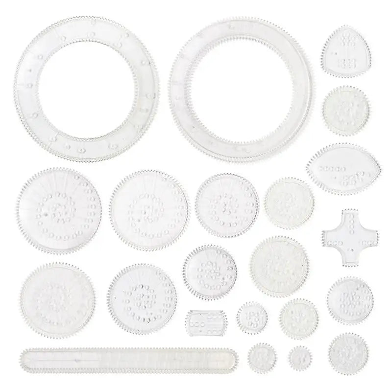 A collection of 22 clear plastic spirograph drawing pieces and tools for a creative art kit