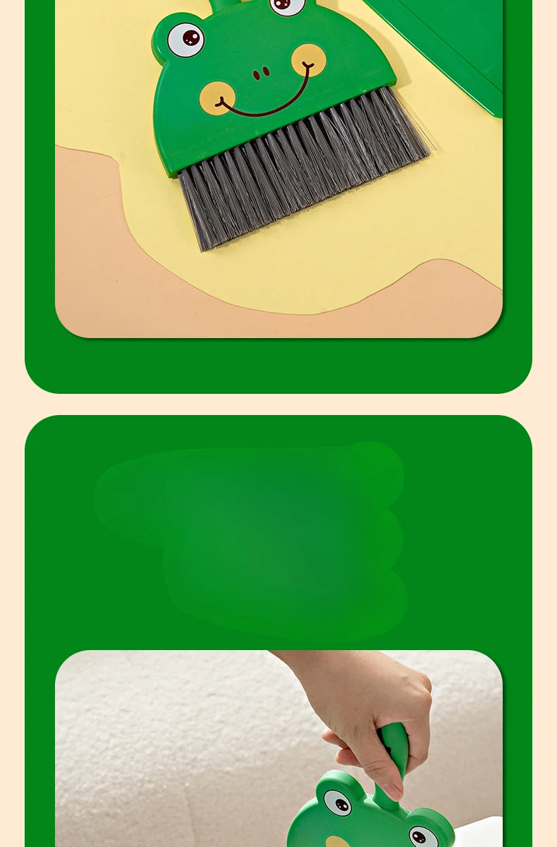 A hand is holding a green cartoon broom for cleaning.
