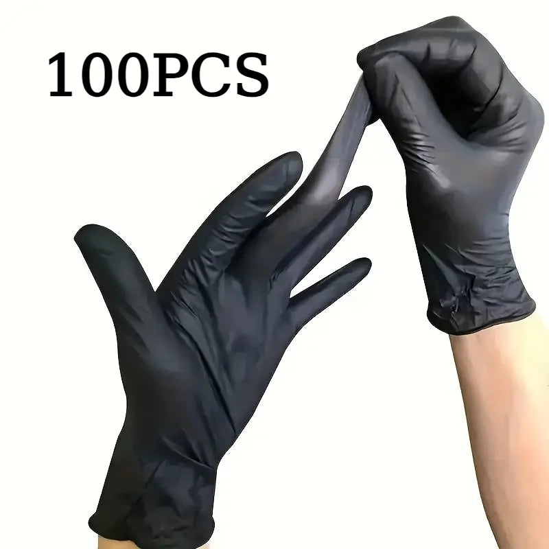 A hand wearing a black disposable nitrile glove is shown, with another gloved hand touching it. The image indicates 100 piece