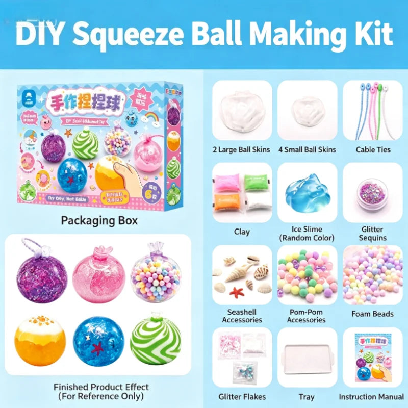 DIY Squeeze Ball Making Kit showing various clay, slime, and bead components for crafting