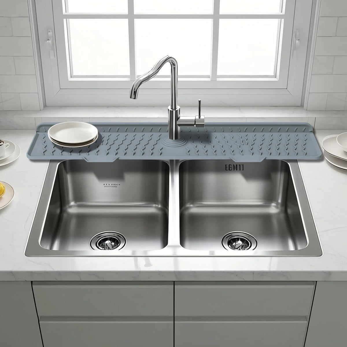 A stainless steel kitchen sink with a faucet and a silicone mat placed on the countertop.