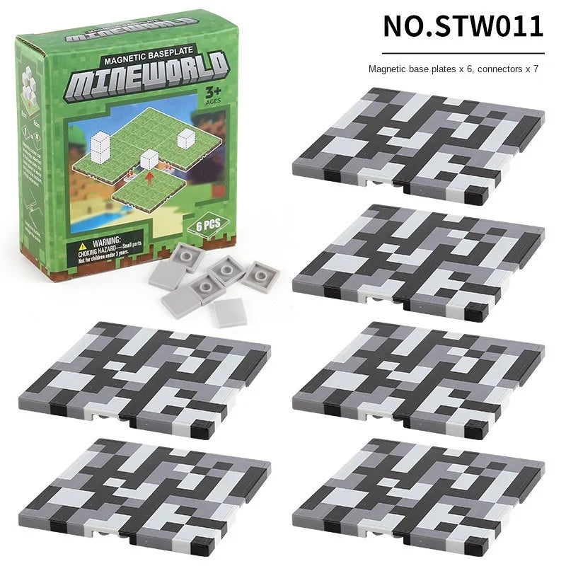 A set of magnetic base plates for building blocks, showing various sizes and patterns.