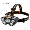 A black LED headlamp with multiple lights is shown packaged in a box.