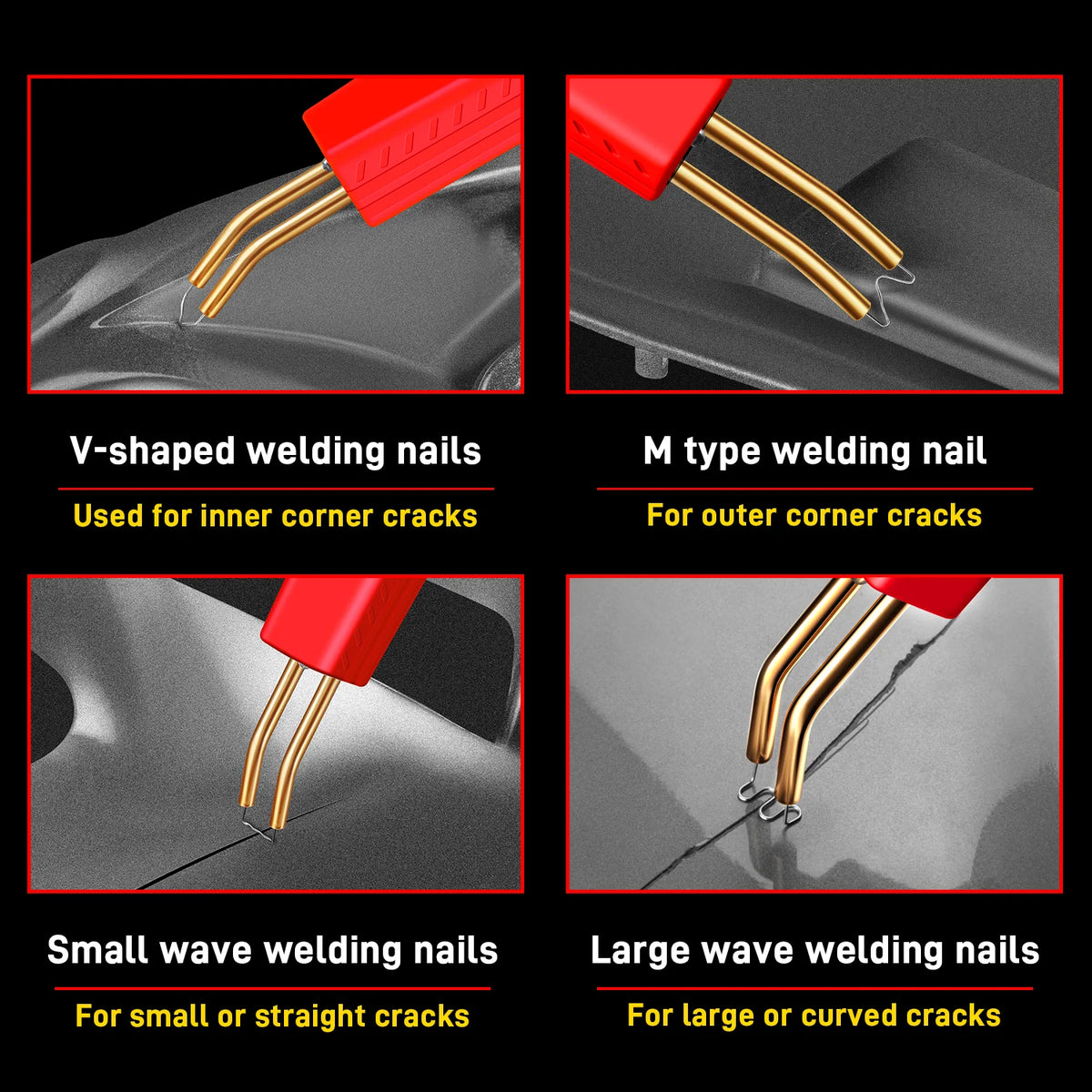 A set of welding nails including V-shaped, M type, small wave, and large wave nails for repairing car bumper cracks.