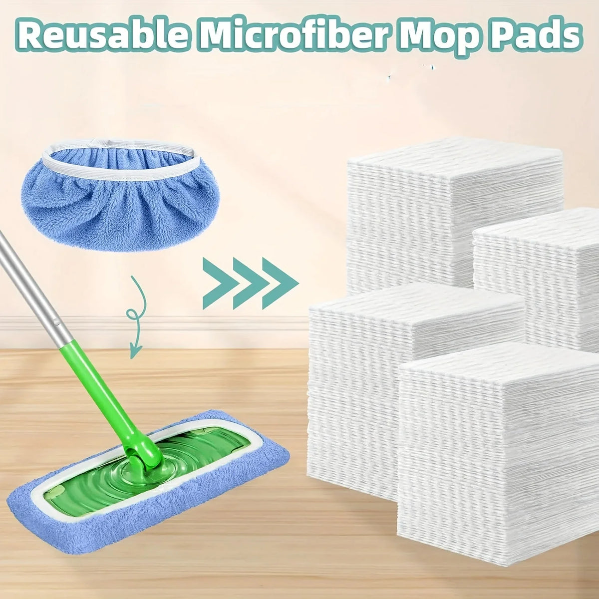 Stack of blue and white microfiber mop pads with a green mop handle and pad on a wooden floor.