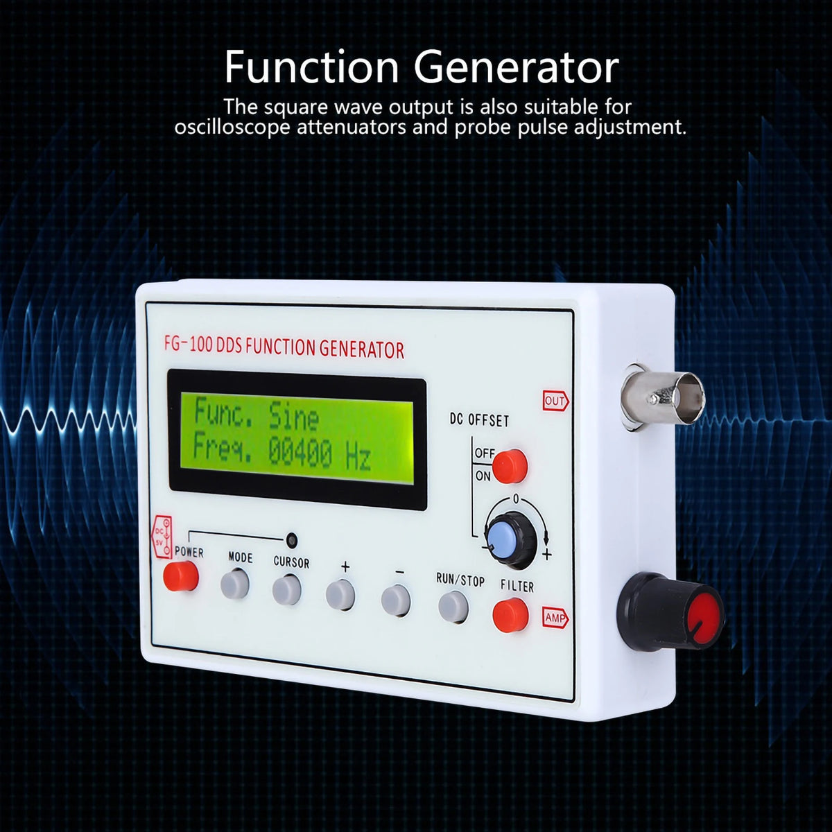 A white FG-100 DDS function generator with a digital display and control knobs is shown against a dark background.