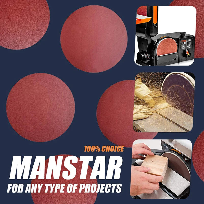 A collection of reddish-brown sanding discs and a power tool used for various projects.