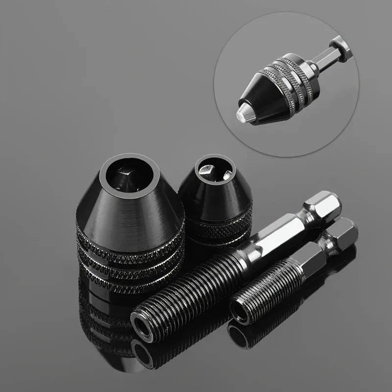 A close-up view of a quick-change hex shank drill chuck with a round handle and a separate tool.