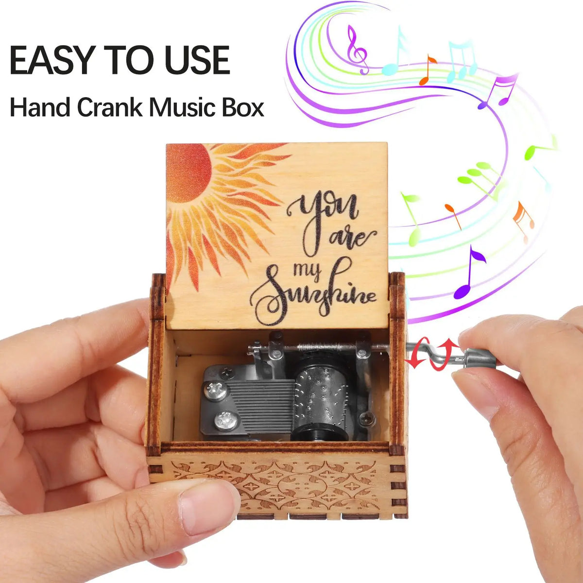 Wooden Hand-Crank Music Box - 'You Are My Sunshine' Engraved Keepsake Gift