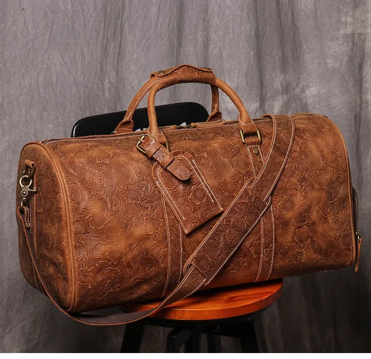 Vintage Embossed Leather Travel Duffle Bag