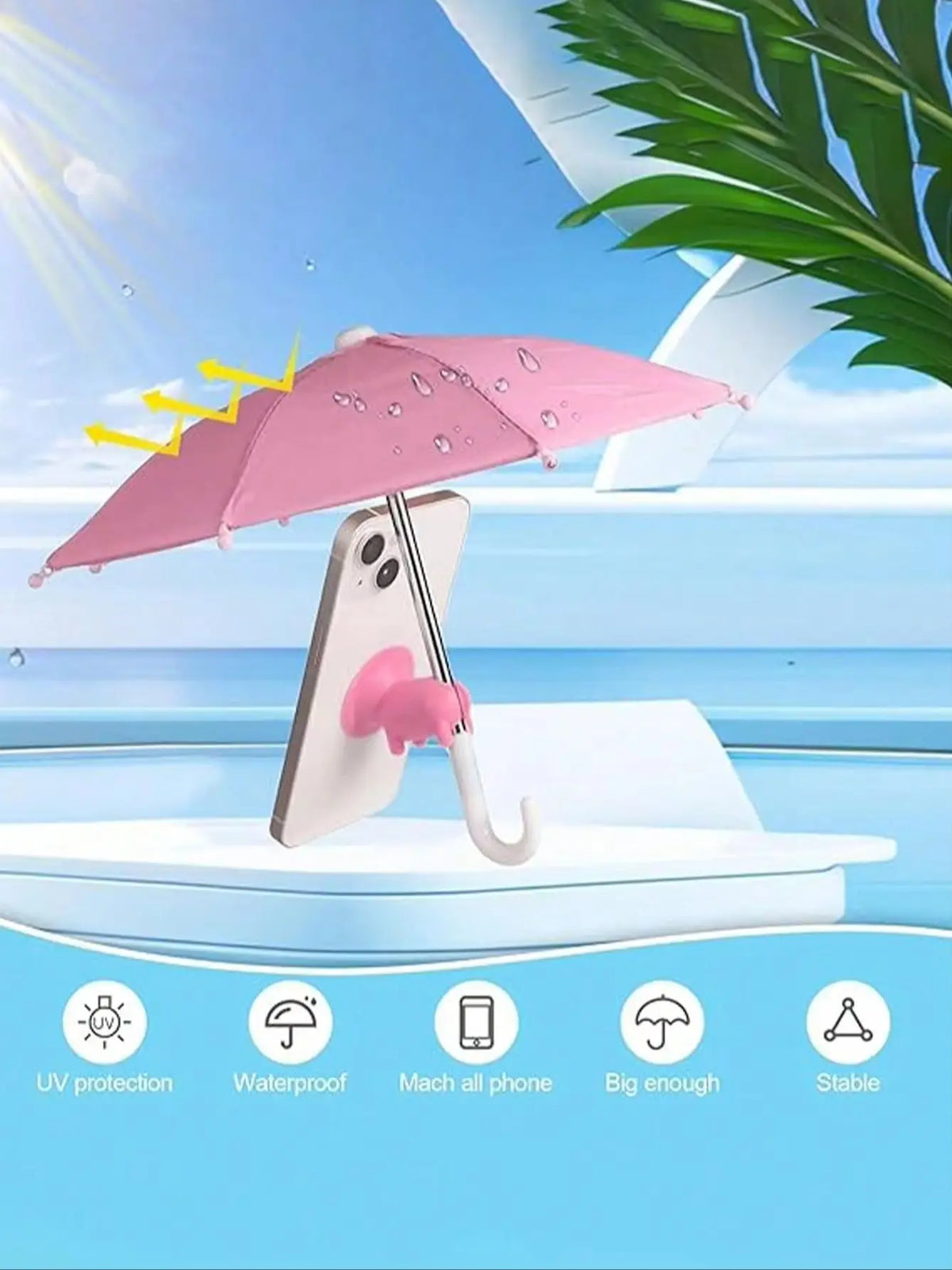 A pink UV-blocking phone sunshade is shown mounted on a white suction cup stand, demonstrating its waterproof and stable feat
