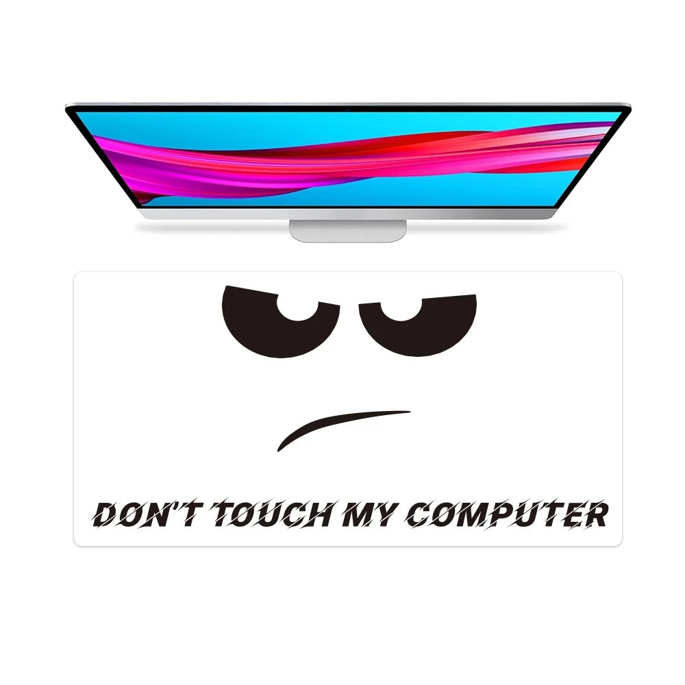 A computer monitor displaying colorful horizontal lines with a face emoji expression and the text Don't touch my computer