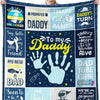 A personalized printed fleece throw blanket featuring various messages for a dad including cute babies and super dad