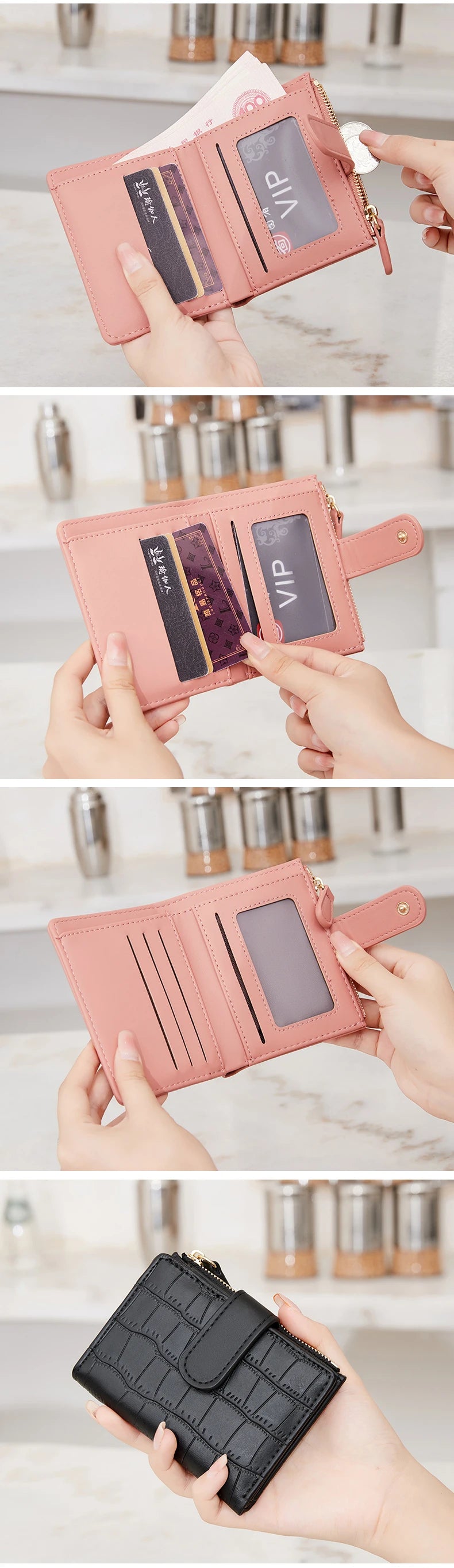A pink crocodile-embossed PU leather bifold wallet is shown being held by a hand, displaying various compartments and a VIP c
