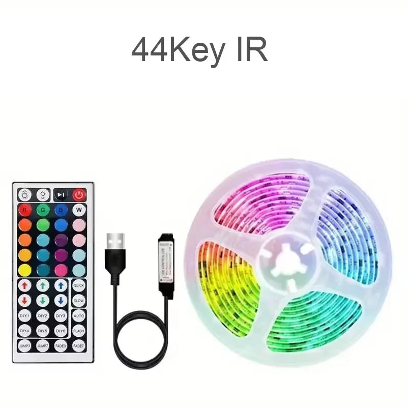A 44Key IR LED strip light with a remote control and power cable.