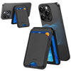 Schwarzes magnetisches Wallet-Handy-Ständer für ein iPhone, das eine Hülle und das Telefon zeigt.