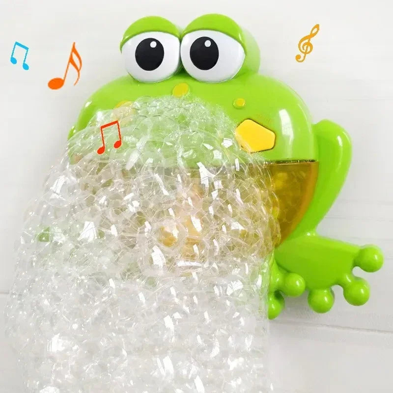 A bright green frog toy with large eyes is emerging from a mass of clear bubble wrap.