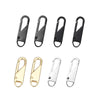 A set of eight metal zipper sliders in black and gold finishes.