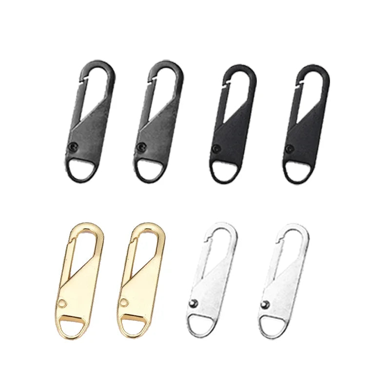 A set of eight metal zipper sliders in black and gold finishes.