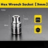 A silver hex wrench socket with a 9mm drive size is shown against a dark gray background.
