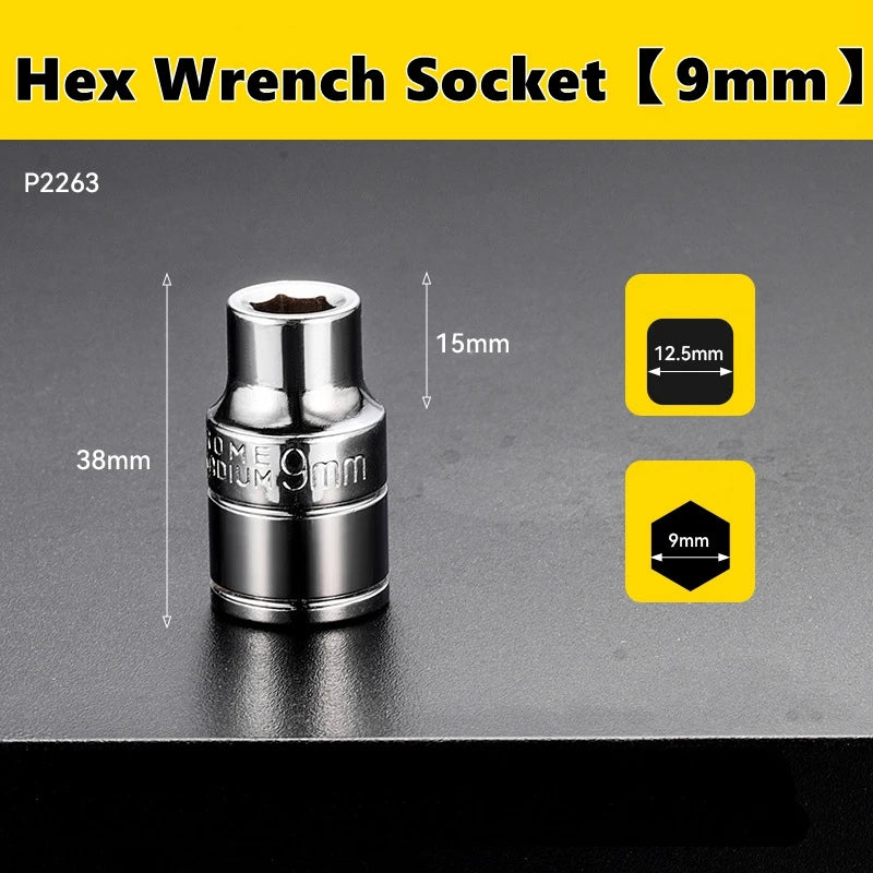A silver hex wrench socket with a 9mm drive size is shown against a dark gray background.