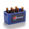 A blue plastic container holding three small glass bottles with orange caps, used as decorative accessories for an RC car.