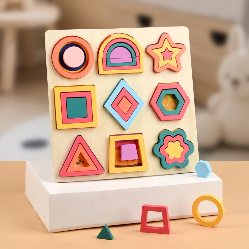 A wooden rainbow shape puzzle featuring colorful geometric pieces arranged in a grid.