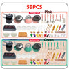 A collection of 59 pieces of pink and green kids pretend play kitchen cooking set including pots pans utensils and food items