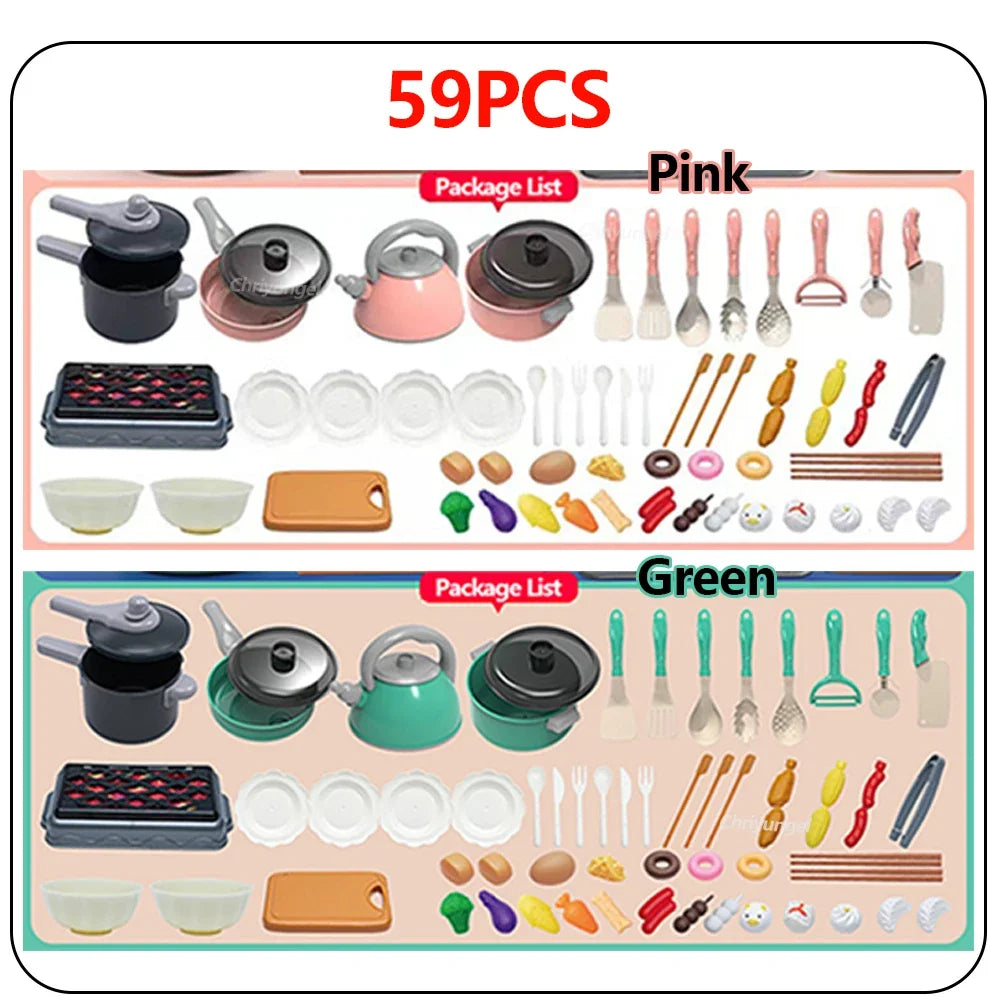A collection of 59 pieces of pink and green kids pretend play kitchen cooking set including pots pans utensils and food items