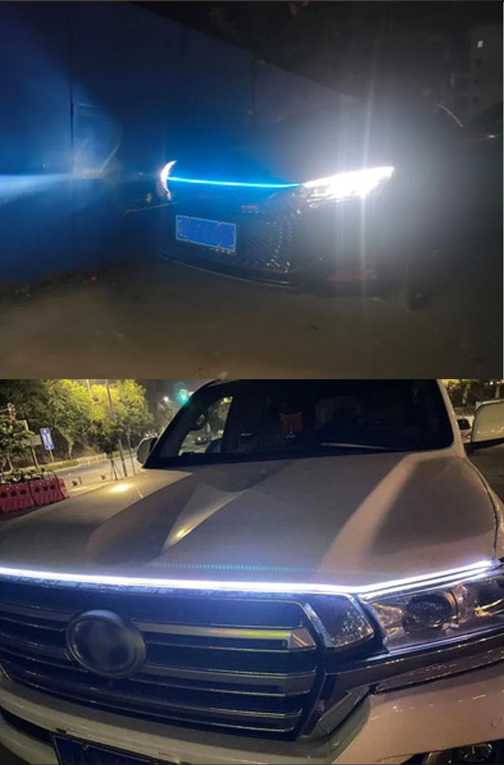 Close-up of a white vehicle's front grille with an illuminated LED light strip and scan effect.