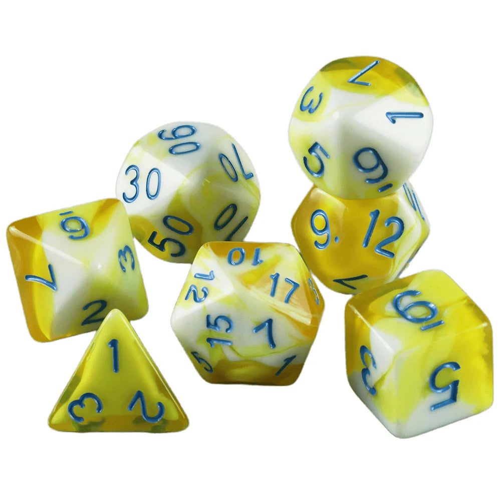 A set of seven polyhedral dice, including d10s and a triangular die, in yellow and white.