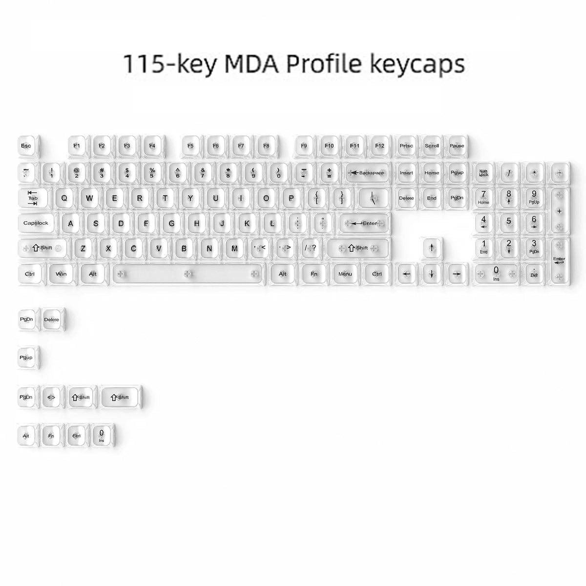 A set of 115-key MDA profile keycaps with crystal clear and RGB backlit features.