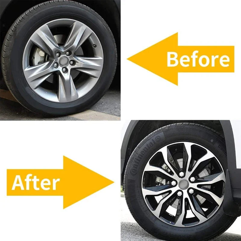 Before and after comparison of car wheel nut cap covers showing the protective hub bolt covers.