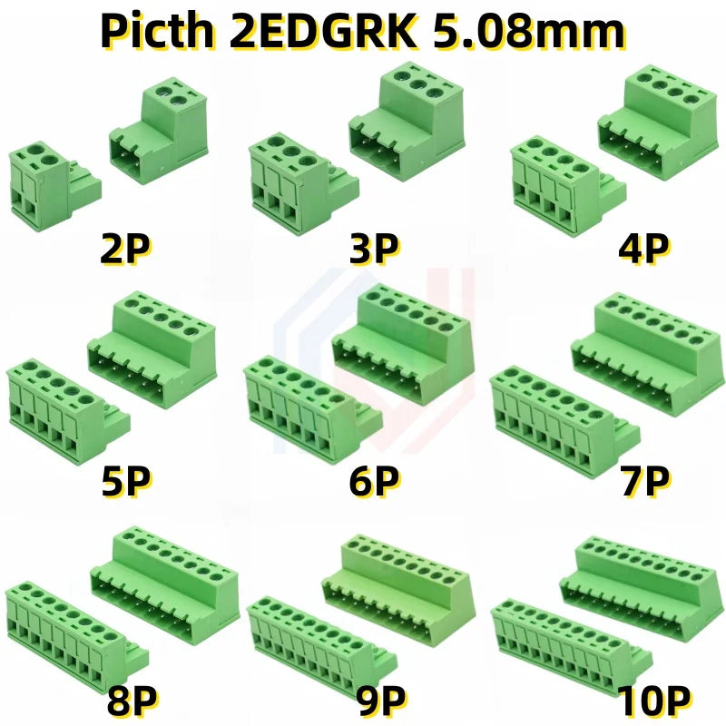 A set of green solderless screw terminal block connectors with various pitch sizes from 2P to 10P.