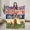 A colorful fleece throw blanket featuring various magical and fantasy themed designs including fruit, stars, crowns, and natu