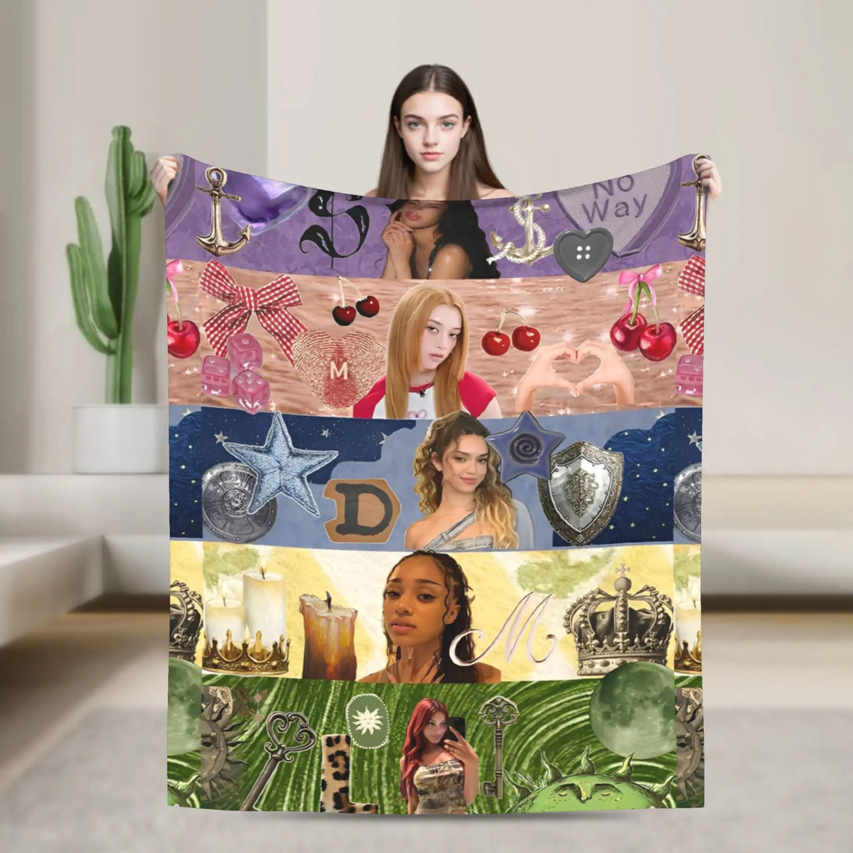 A colorful fleece throw blanket featuring various magical and fantasy themed designs including fruit, stars, crowns, and natu
