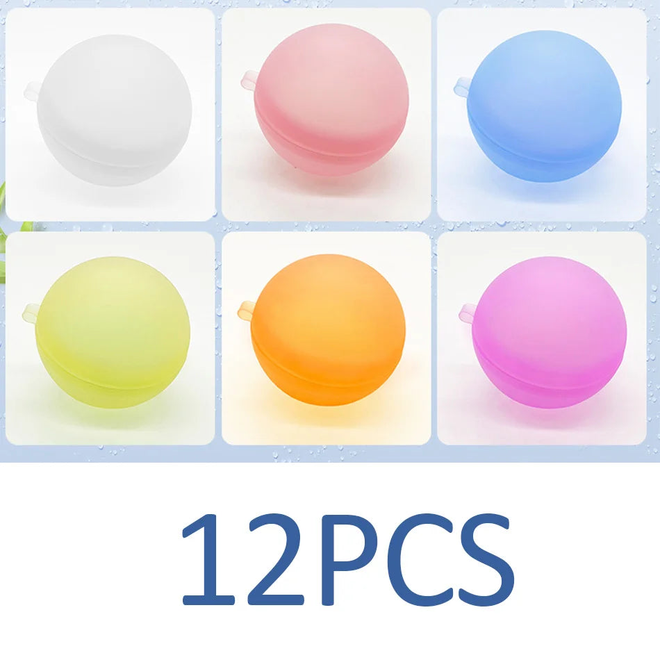 A set of twelve reusable splash water balloons in various colors including white, pink, blue, yellow, orange, and purple.